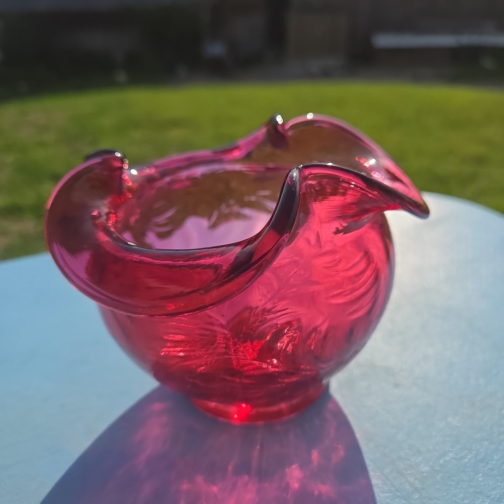 Vintage Fenton Cranberry Opalescent Ruffled Feather Trinket Candy Candle Bowl